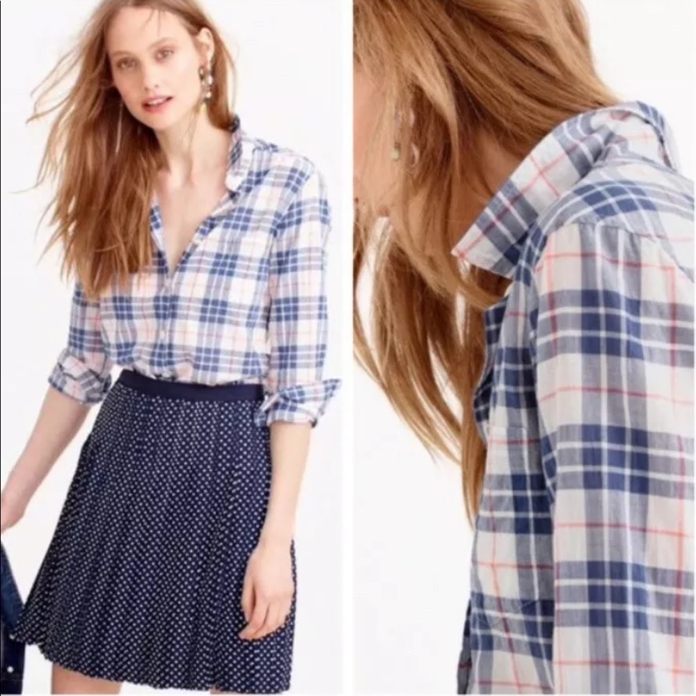 J. Crew Blue and White Plaid Button-Down Shirt with Subtle Red Accent